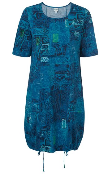 Locker geschnittenes Kleid in türkis mit abstraktem Patchwork-Muster, kurzer Arm, Rundhalsausschnitt, ballonförmiger Saum mit Tunnelzug, knielang