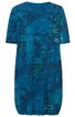 Kleid in dunklem Türkis mit abstraktem Muster in Schwarz und Grün, Kurzarm, Rundhalsausschnitt, lockere Form, knielang