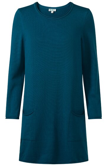 Langärmeliges Kleid in petrol, schlicht, rundhalsausschnitt, zwei seitliche Taschen, gerade Passform