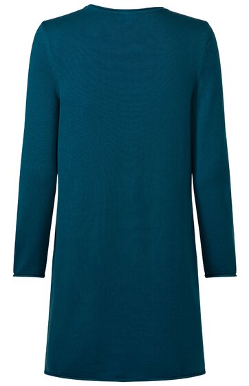 Dunkelgrüner, langärmliger Pulloverkleid ohne Muster, runder Halsausschnitt, gerade geschnitten, knielang