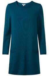 Langärmeliges Kleid in petrol, schlicht, rundhalsausschnitt, zwei seitliche Taschen, gerade Passform