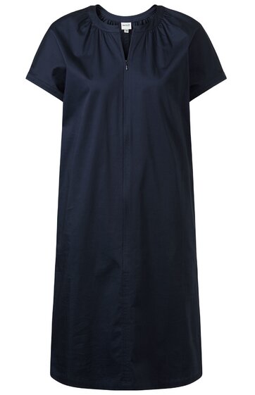 Marineblaues Kleid in A-Linie, kurzärmlig, Rundhalsausschnitt mit kleinem V-Schlitz, leicht geraffter Kragen, knielang