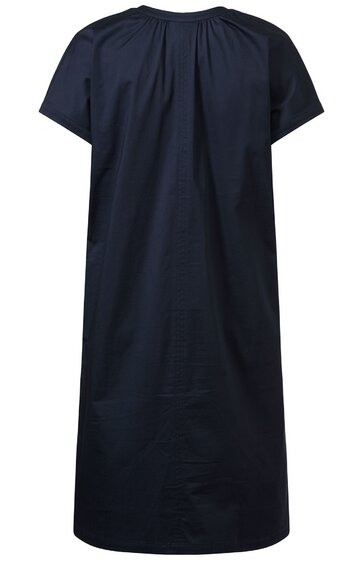 Dunkelblaues Freizeitkleid, unifarben, kurze Ärmel, rundhalsausschnitt mit Faltenwurf am Kragen, knielang, gerade geschnitten