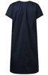 Dunkelblaues Freizeitkleid, unifarben, kurze Ärmel, rundhalsausschnitt mit Faltenwurf am Kragen, knielang, gerade geschnitten
