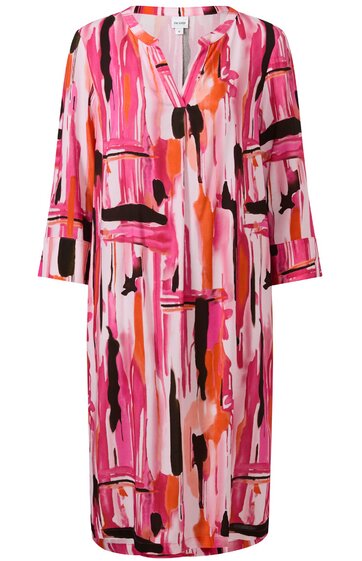 Kleid mit abstraktem Muster in Rosa, Pink, Orange und Schwarz, V-Ausschnitt mit Schlitz, drei Viertel lange Ärmel, knielang, gerade geschnitten