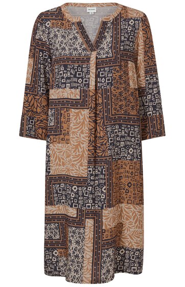 Kleid in Braun- und Schwarztönen mit grafischem Patchworkmuster, V-Ausschnitt, dreiviertellange Ärmel, gerade Form, knielang