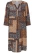 Kleid in Braun- und Schwarztönen mit grafischem Patchworkmuster, V-Ausschnitt, dreiviertellange Ärmel, gerade Form, knielang