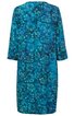 Locker geschnittenes Kleid in türkis mit dunkelblauem und hellblauem abstraktem Blumenmuster, 3/4-Ärmel, rundem Halsausschnitt, knielang