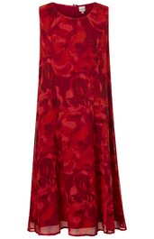 Rotes ärmelloses Kleid mit abstraktem dunkelrotem Muster, rundem Ausschnitt, fließende A-Linien-Form, knielang