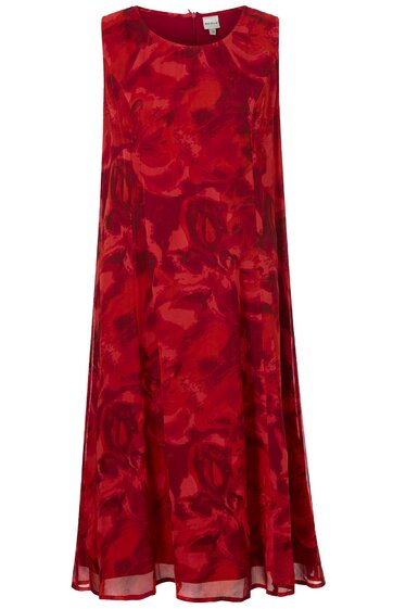 Rotes ärmelloses Kleid mit abstraktem dunkelrotem Muster, rundem Ausschnitt, fließende A-Linien-Form, knielang