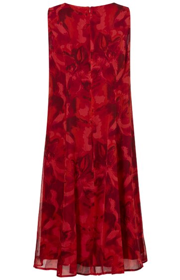 Ärmelloses, knielanges Kleid in leuchtendem Rot mit abstraktem Muster, Rundhalsausschnitt, A-Linien-Form
