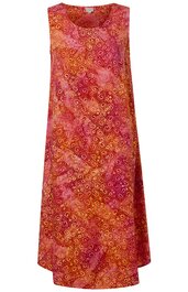 Ärmelloses langes Kleid in Orange und Dunkelrosa mit spiralähnlichem Muster, Rundhalsausschnitt, weiter Schnitt