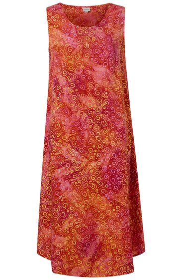 Ärmelloses langes Kleid in Orange und Dunkelrosa mit spiralähnlichem Muster, Rundhalsausschnitt, weiter Schnitt