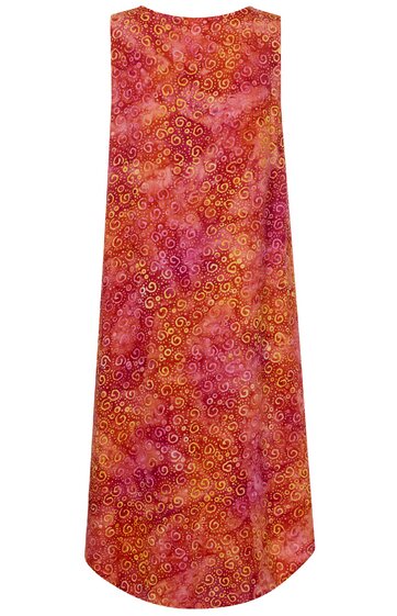Ärmelloses Kleid in Rottönen mit orangefarbenem, pinkem und roten Spiralmuster, rundem Ausschnitt, A-Linien-Form, knielang