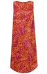 Ärmelloses Kleid in Rottönen mit orangefarbenem, pinkem und roten Spiralmuster, rundem Ausschnitt, A-Linien-Form, knielang