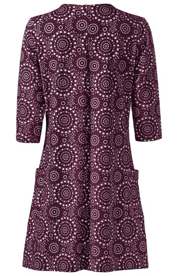 Damenkleid in dunklem Burgunderrot mit weißem Kreis- und Punktmuster, 3/4-Ärmel, Rundhalsausschnitt, zwei aufgesetzte Taschen vorne, knielang, gerade geschnitten