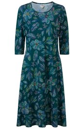 Kleid in Tannengrün mit floralem Muster, Rundhals, 3/4-Ärmel, knielang, ausgestellter Rock