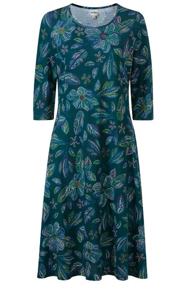 Kleid in Tannengrün mit floralem Muster, Rundhals, 3/4-Ärmel, knielang, ausgestellter Rock