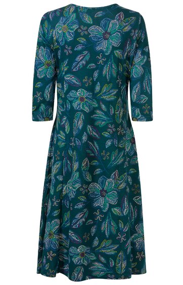 Kleid in petrolgrün mit floralem Muster in Blau, Grün und Hellblau, Rundhals, 3/4-Ärmel, knielang, A-Linie