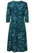Kleid in petrolgrün mit floralem Muster in Blau, Grün und Hellblau, Rundhals, 3/4-Ärmel, knielang, A-Linie