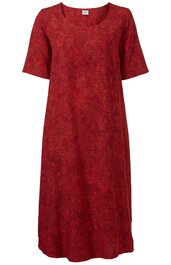 Rotes Midikleid mit floralem Muster, V-Ausschnitt, kurze Ärmel, lockere Passform, knielang