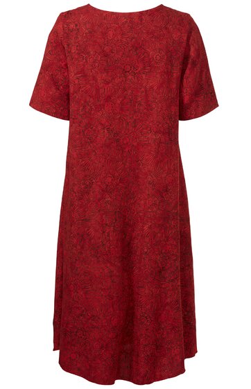 Rotes Kleid mit dunkelrotem Blumenmuster, kurze Ärmel, rundem Halsausschnitt, knielang, A-Linien-Form, leicht ausgestellter Saum