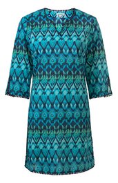 Blau-grünes Kleid mit geometrischem Muster, V-Ausschnitt, halblange Ärmel, gerade Form, kleine Quasten an Ärmelsäumen und Saum