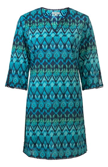 Blau-grünes Kleid mit geometrischem Muster, V-Ausschnitt, halblange Ärmel, gerade Form, kleine Quasten an Ärmelsäumen und Saum