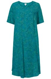 Knielanges Freizeitkleid in petrolgrün mit abstraktem Blattmuster in hellgrün, Rundhalsausschnitt, kurze Ärmel, gerade geschnitten