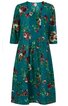 Tealfarbenes Kleid mit floralem Muster in Rot, Weiß und Grün, Rundhals, Knopfleiste am Ausschnitt, 3/4-Ärmel, knielang, leicht ausgestellt