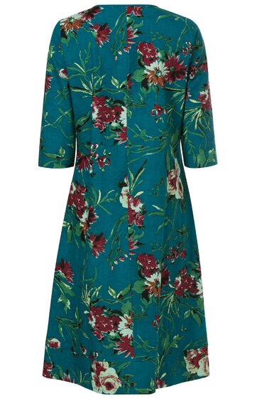 Knieumspieltes Kleid in petrolgrün mit floralem Muster in rot, weiß und grün, halblange Ärmel, Rundhalsausschnitt, leicht taillierte Form