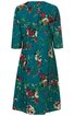Knieumspieltes Kleid in petrolgrün mit floralem Muster in rot, weiß und grün, halblange Ärmel, Rundhalsausschnitt, leicht taillierte Form