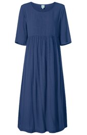 Dunkelblaues Midikleid ohne Muster, Rundhalsausschnitt, kurze Ärmel, tailliert mit gerafftem Einsatz unter der Brust, locker fallender Rock