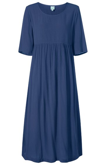 Dunkelblaues Midikleid ohne Muster, Rundhalsausschnitt, kurze Ärmel, tailliert mit gerafftem Einsatz unter der Brust, locker fallender Rock