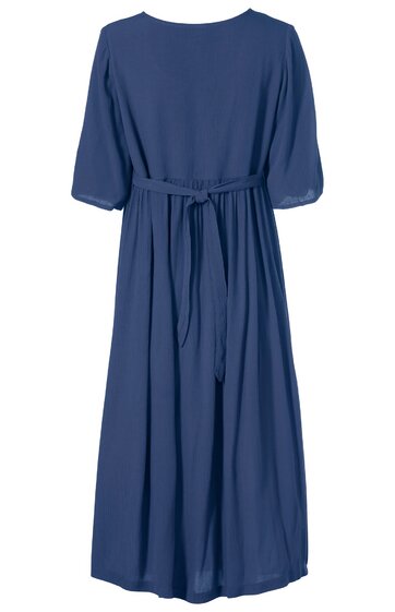 Marineblaues Midi-Kleid ohne Muster, runder Ausschnitt, halblange ballonförmige Ärmel, Taillengürtel zum Binden, locker fallende Passform