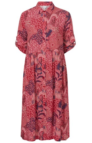 Knielanges Hemdkleid in Rot mit abstraktem Muster in Dunkelrot und Rosa, klassischer Hemdkragen, durchgehende Knopfleiste, dreiviertellange Ärmel mit Riegeln zum Hochkrempeln, lockere Passform