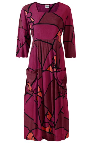 Midikleid in dunklem magentaton mit abstraktem schwarzen und roten Muster, runder Ausschnitt, 3/4- lange Ärmel, Taillengürtel, seitliche aufgesetzte Taschen