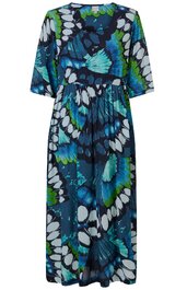 Maxikleid in Blau- und Grüntönen mit abstraktem Schmetterlingsmuster, V-Ausschnitt, halblange Glockenärmel, tailliert durch Teilungsnaht, fließender Rock