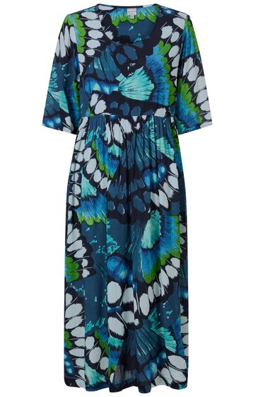 Maxikleid in Blau- und Grüntönen mit abstraktem Schmetterlingsmuster, V-Ausschnitt, halblange Glockenärmel, tailliert durch Teilungsnaht, fließender Rock