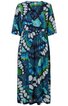 Maxikleid in Blau- und Grüntönen mit abstraktem Schmetterlingsmuster, V-Ausschnitt, halblange Glockenärmel, tailliert durch Teilungsnaht, fließender Rock