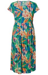 Tropisches Midikleid in grün mit orangenen und rosa Blumen, Blättermuster, V-Ausschnitt, kurze Ärmel, tailliert mit Nähten und weitem Rock