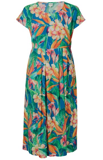 Tropisches Midikleid in grün mit orangenen und rosa Blumen, Blättermuster, V-Ausschnitt, kurze Ärmel, tailliert mit Nähten und weitem Rock