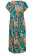 Kleid in türkisgrün mit orangefarbenem und weißem Blumenmuster, kurzärmlig, V-Ausschnitt hinten, Taillenband, knielang, weit geschnitten