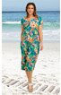 Türkisfarbenes, knielanges Kleid mit buntem Blumen- und Blattmuster, kurzer Ärmel, Rundhals, tailliert, getragen von stehender Frau am Strand, mit seitlichen Eingrifftaschen, legere Passform