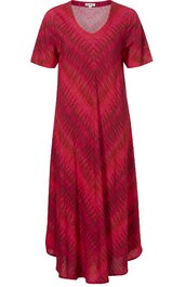 Rotes Damenkleid mit schwarz-rot gestreiftem Muster, V-Ausschnitt, kurze Ärmel, asymmetrischer Saum, locker geschnitten