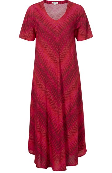 Rotes Damenkleid mit schwarz-rot gestreiftem Muster, V-Ausschnitt, kurze Ärmel, asymmetrischer Saum, locker geschnitten