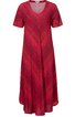 Rotes Damenkleid mit schwarz-rot gestreiftem Muster, V-Ausschnitt, kurze Ärmel, asymmetrischer Saum, locker geschnitten