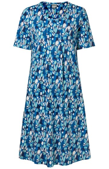Blaues, knielanges Kleid mit weißem und hellblauem Blumenmuster, Rundhalsausschnitt, Halbarm, leicht ausgestellte Form
