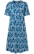 Blaues, knielanges Kleid mit weißem und hellblauem Blumenmuster, Rundhalsausschnitt, Halbarm, leicht ausgestellte Form