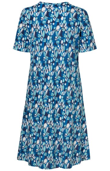 Blaues Damenkleid mit weißem und hellblauem Blumenmuster, kurze Ärmel, rundhals, knielang, A-Linie